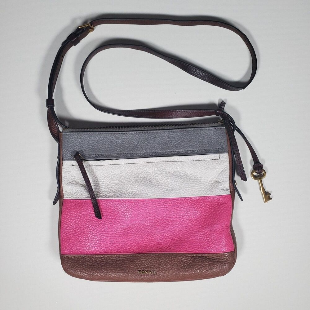 Fossil Women's Crossbody Leather Bag Reversible Striped Pink Brown Key Charm